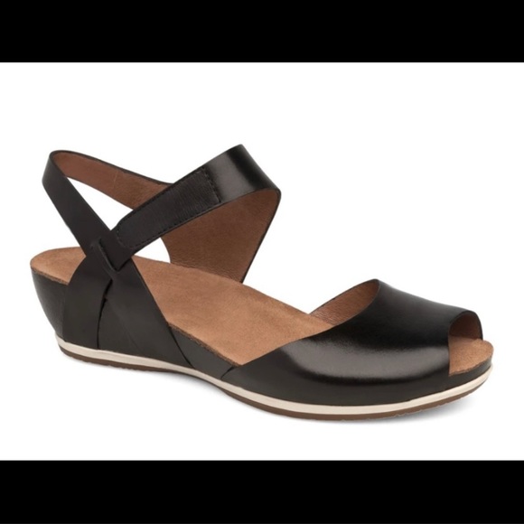 Dansko Shoes - DANSKO VERA BURNISHED BLACK LEATHER PEEP TOE LOW WEDGE COMFORT SANDAL SZ 37